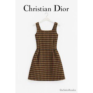 Christian Dior Houndstooth Fit & Flare Dress Black Beige Silk Wool Italy Sz 36